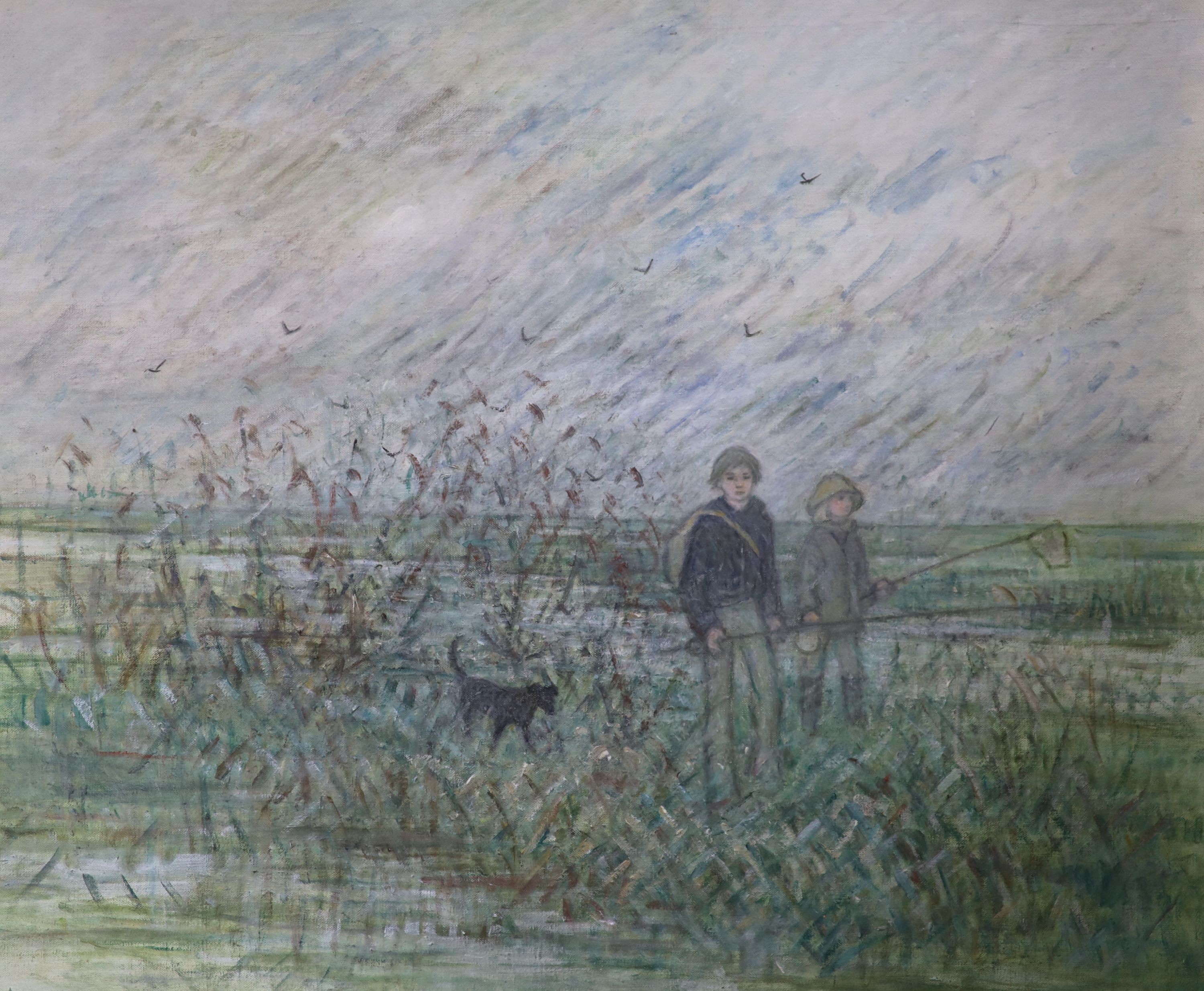 Eleanor Bellingham-Smith (1906-1988), oil on canvas, Child anglers, initialled, 51 x 61cm, unframed